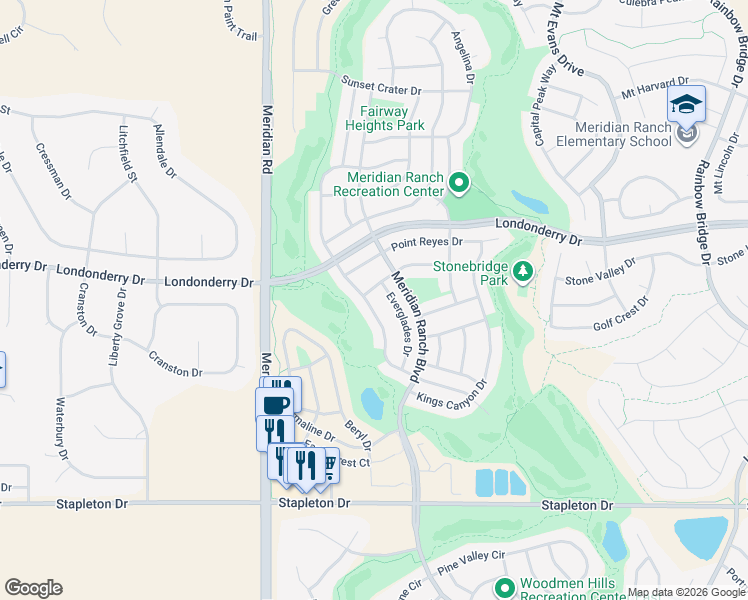 map of restaurants, bars, coffee shops, grocery stores, and more near 9987 Antler Creek Drive in Peyton