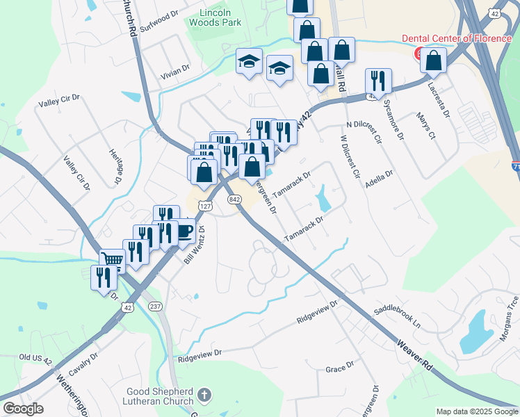 map of restaurants, bars, coffee shops, grocery stores, and more near 1152 Weaver Road in Florence