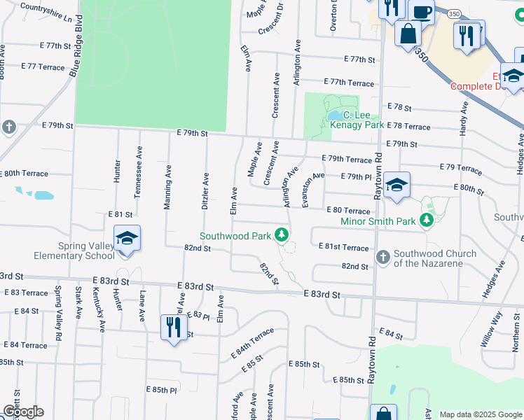 map of restaurants, bars, coffee shops, grocery stores, and more near 9406 East 81st Street in Raytown