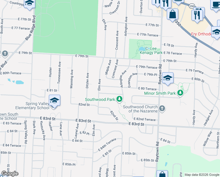 map of restaurants, bars, coffee shops, grocery stores, and more near 9406 East 81st Street in Raytown