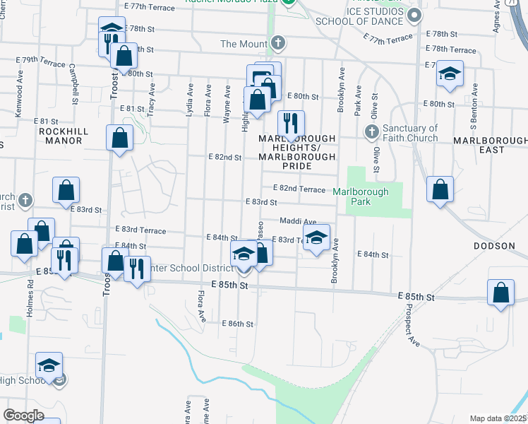 map of restaurants, bars, coffee shops, grocery stores, and more near 8322 The Paseo in Kansas City