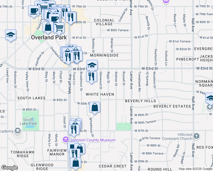 map of restaurants, bars, coffee shops, grocery stores, and more near 8416 Riggs Street in Overland Park