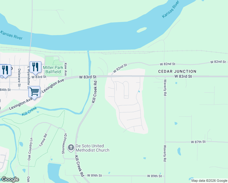 map of restaurants, bars, coffee shops, grocery stores, and more near 31723 West 83rd Court in De Soto