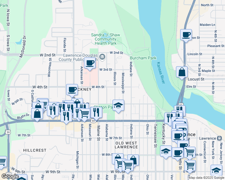 map of restaurants, bars, coffee shops, grocery stores, and more near 433 Illinois St in Lawrence