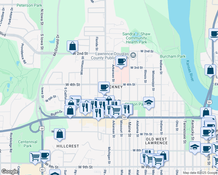 map of restaurants, bars, coffee shops, grocery stores, and more near 414 Arkansas Street in Lawrence