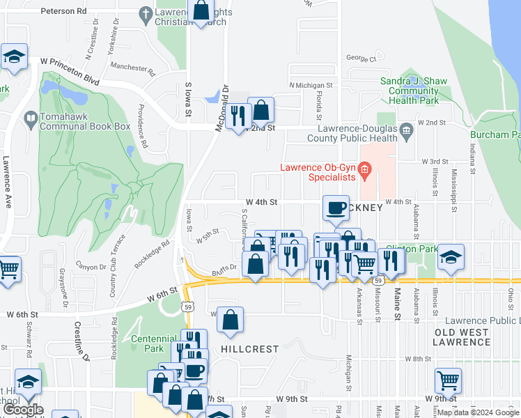 map of restaurants, bars, coffee shops, grocery stores, and more near 448 Grandview Terrace in Lawrence