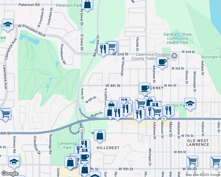 map of restaurants, bars, coffee shops, grocery stores, and more near 448 Grandview Terrace in Lawrence