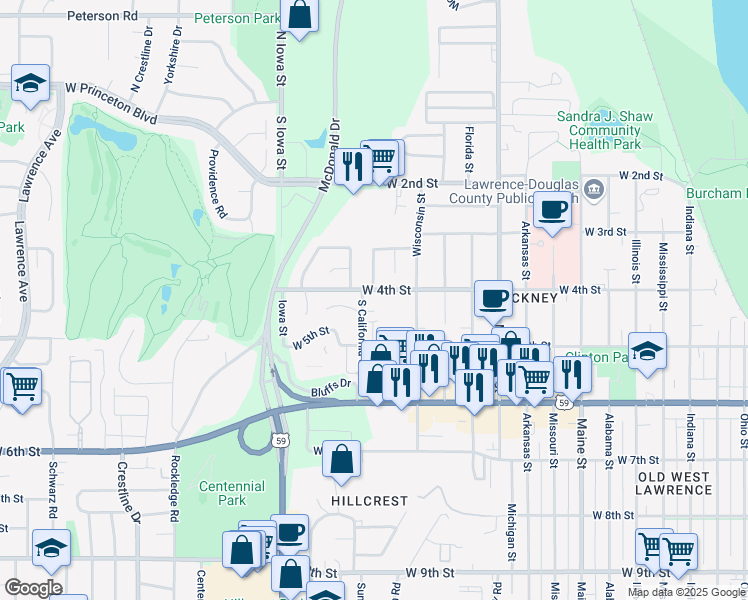 map of restaurants, bars, coffee shops, grocery stores, and more near 448 Grandview Terrace in Lawrence