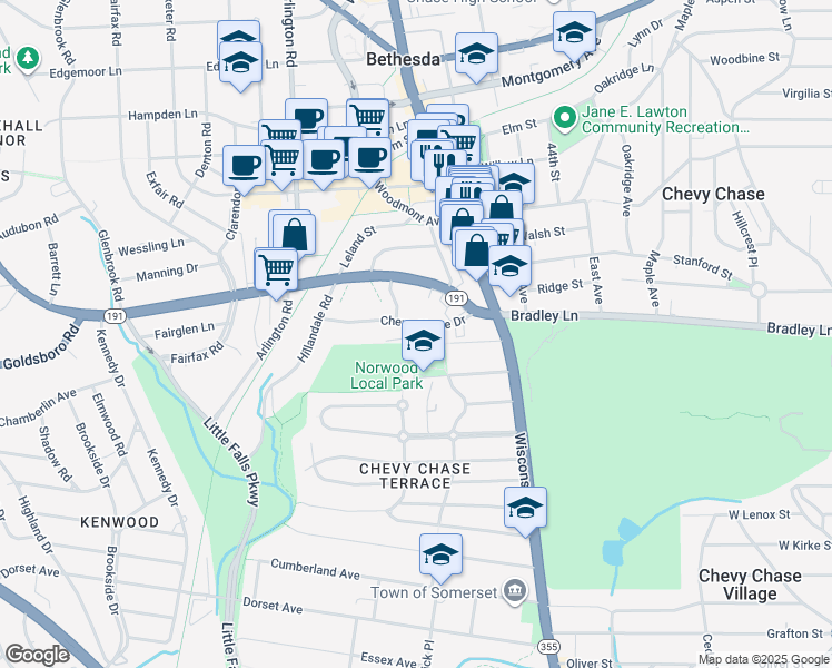 map of restaurants, bars, coffee shops, grocery stores, and more near 4750 Chevy Chase Drive in Chevy Chase