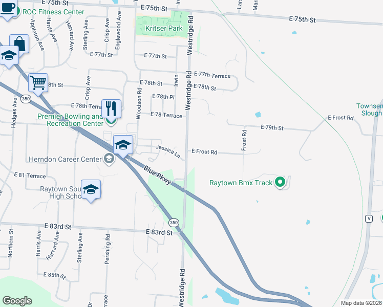 map of restaurants, bars, coffee shops, grocery stores, and more near 8001 Frost Road in Raytown