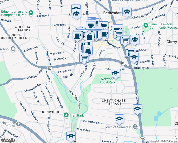 map of restaurants, bars, coffee shops, grocery stores, and more near 6704 Offutt Lane in Chevy Chase