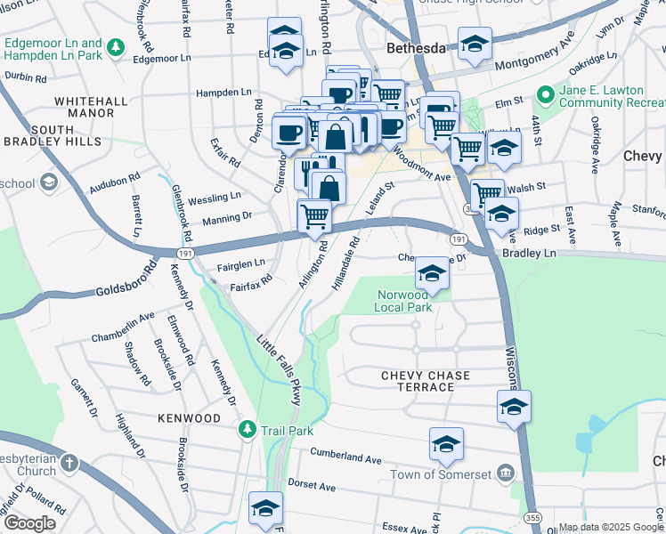 map of restaurants, bars, coffee shops, grocery stores, and more near 6718 Kenwood Forest Lane in Chevy Chase