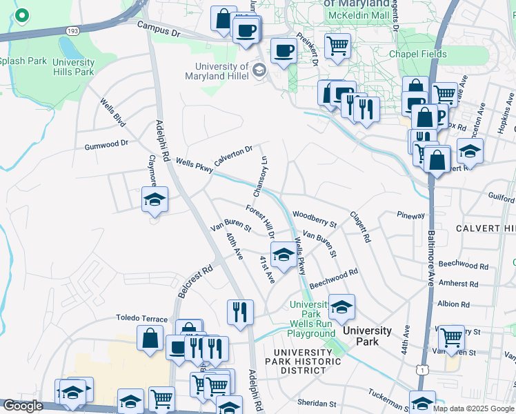 map of restaurants, bars, coffee shops, grocery stores, and more near 6909 Forest Hill Drive in University Park