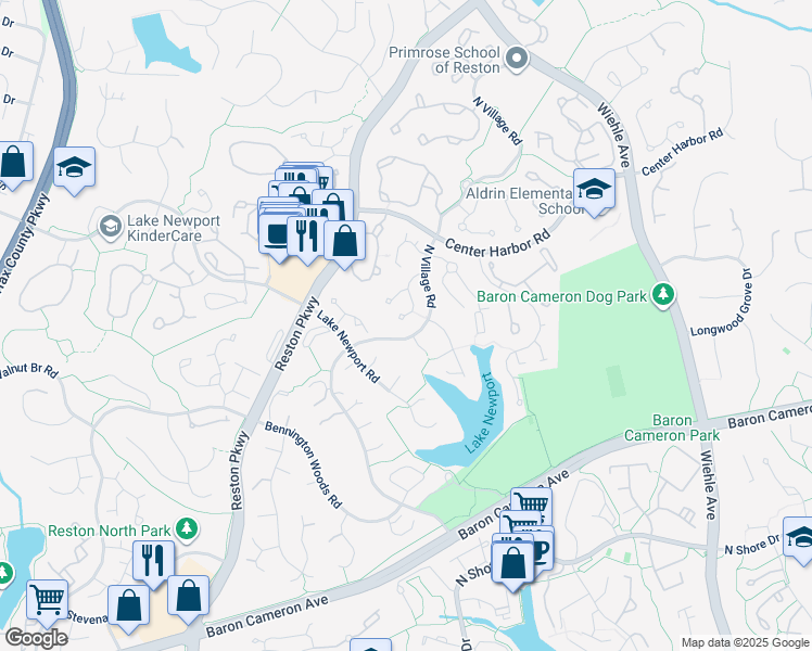 map of restaurants, bars, coffee shops, grocery stores, and more near 1595 Brass Lantern Way in Reston