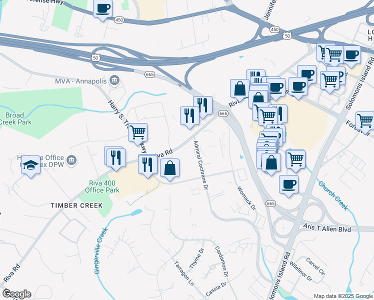 map of restaurants, bars, coffee shops, grocery stores, and more near 2559 Riva Road in Annapolis