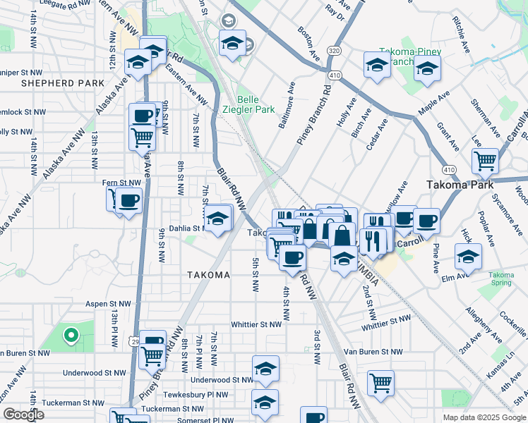 map of restaurants, bars, coffee shops, grocery stores, and more near 7119 Chestnut Street Northwest in Washington