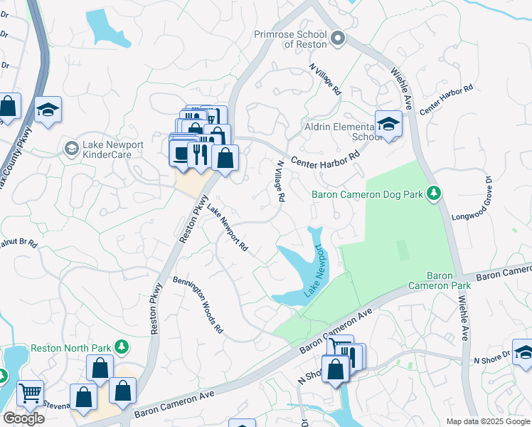 map of restaurants, bars, coffee shops, grocery stores, and more near 1595 Brass Lantern Way in Reston