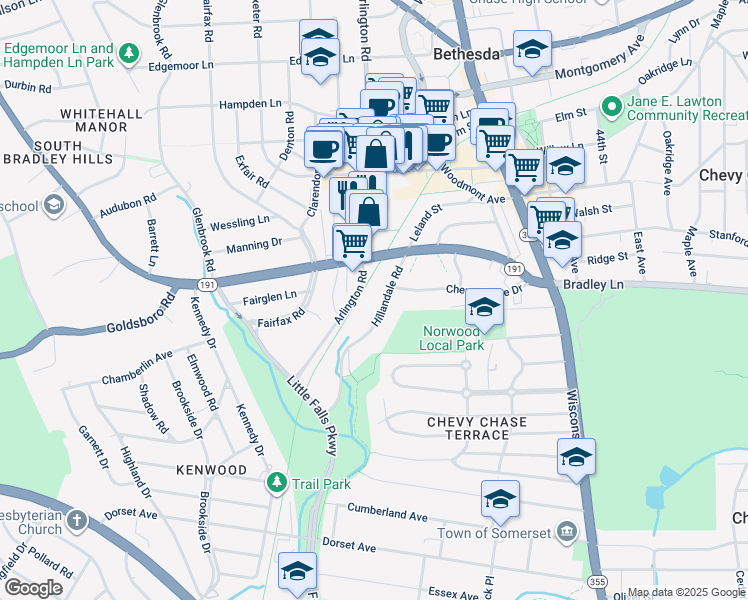 map of restaurants, bars, coffee shops, grocery stores, and more near 4866 Chevy Chase Drive in Chevy Chase