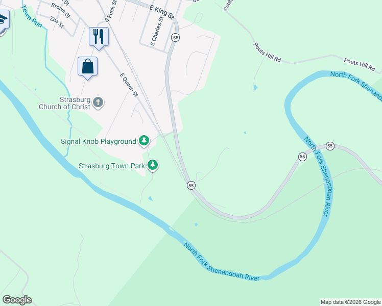 map of restaurants, bars, coffee shops, grocery stores, and more near 619 Front Royal Road in Strasburg