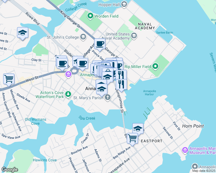 map of restaurants, bars, coffee shops, grocery stores, and more near 180 Green Street in Annapolis