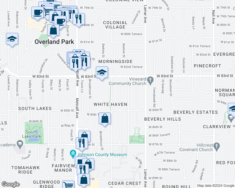 map of restaurants, bars, coffee shops, grocery stores, and more near 8416 Riggs Street in Overland Park