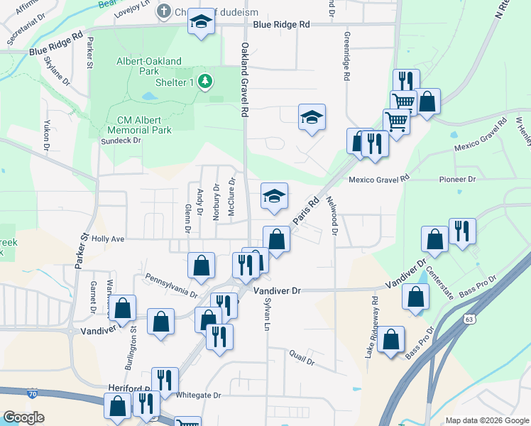 map of restaurants, bars, coffee shops, grocery stores, and more near 2408 South Dr in Columbia