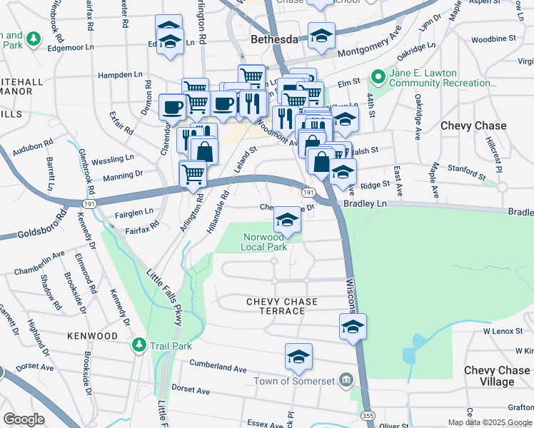 map of restaurants, bars, coffee shops, grocery stores, and more near 4800 Chevy Chase Drive in Chevy Chase