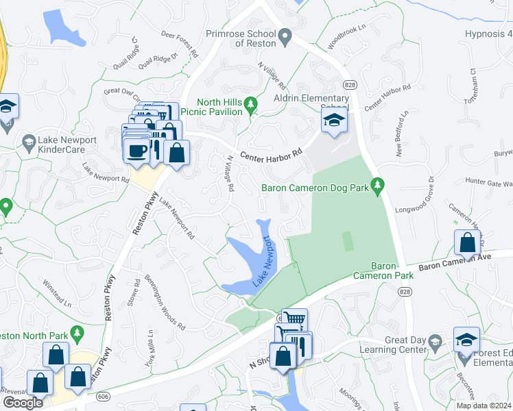 map of restaurants, bars, coffee shops, grocery stores, and more near 11517 Hemingway Drive in Reston