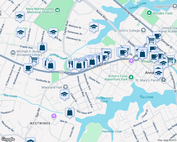 map of restaurants, bars, coffee shops, grocery stores, and more near 227 West Street in Annapolis