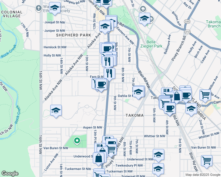 map of restaurants, bars, coffee shops, grocery stores, and more near 7125 Georgia Avenue Northwest in Washington