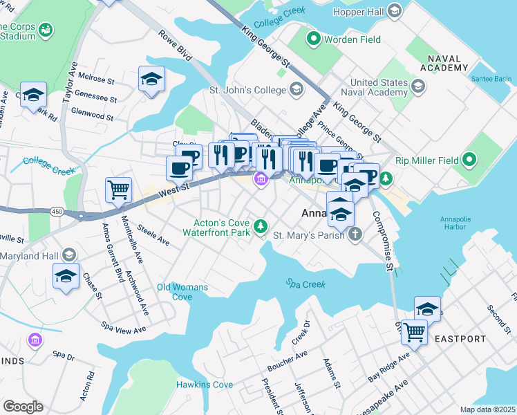 map of restaurants, bars, coffee shops, grocery stores, and more near 66 Franklin Street in Annapolis