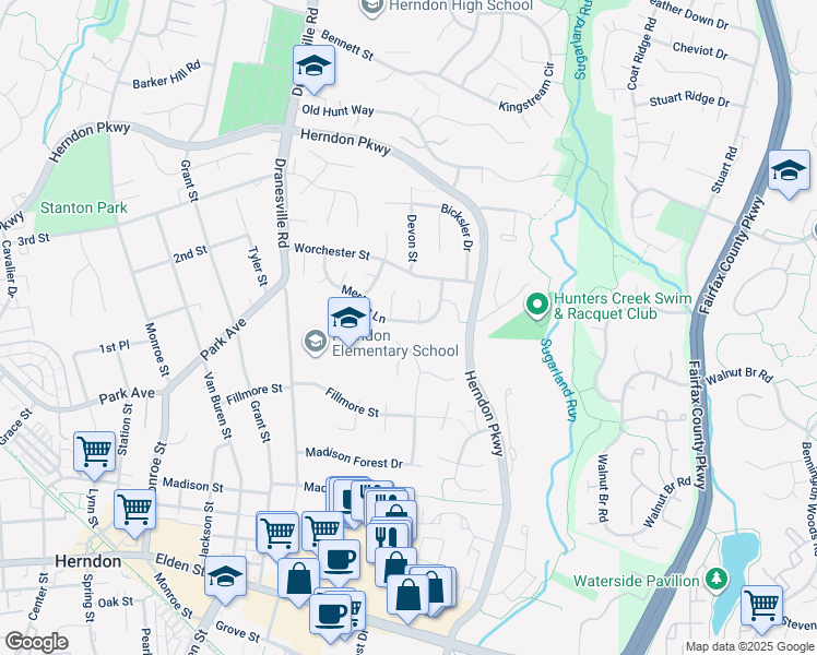 map of restaurants, bars, coffee shops, grocery stores, and more near 519 Merlins Lane in Herndon