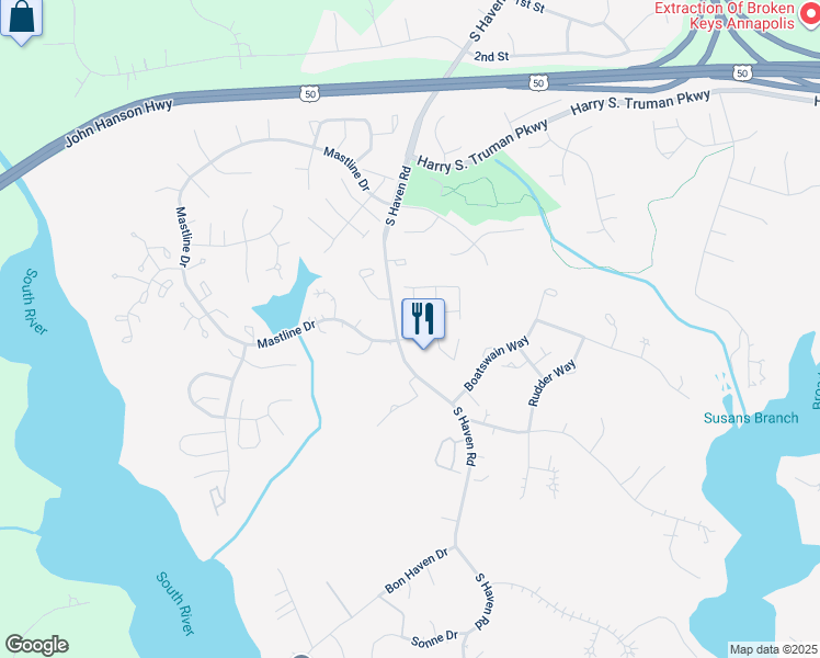 map of restaurants, bars, coffee shops, grocery stores, and more near 2600 Compass Drive in Annapolis