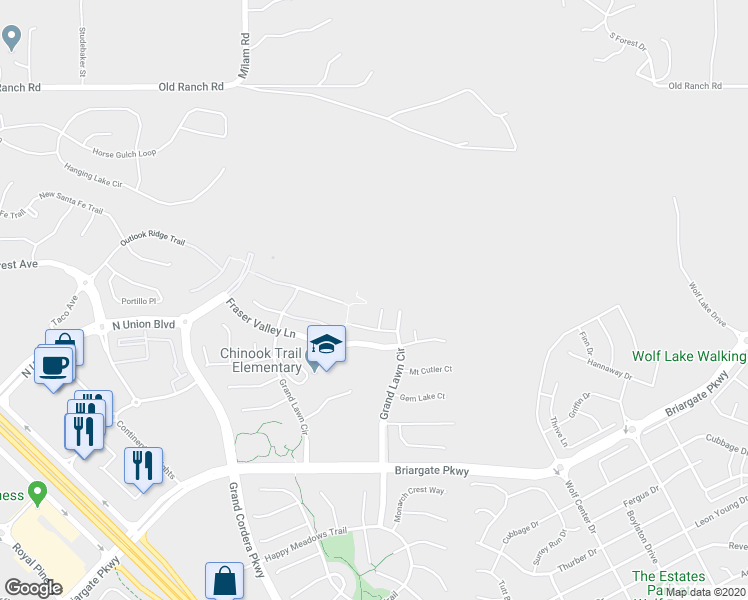 map of restaurants, bars, coffee shops, grocery stores, and more near 5028 Gibson Lake Court in Colorado Springs