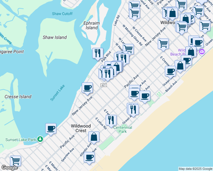 map of restaurants, bars, coffee shops, grocery stores, and more near 108 East Rosemary Road in Wildwood Crest