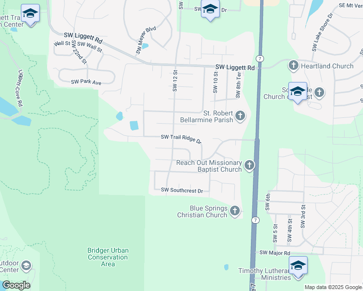 map of restaurants, bars, coffee shops, grocery stores, and more near 1133 Southwest Southgate Drive in Blue Springs