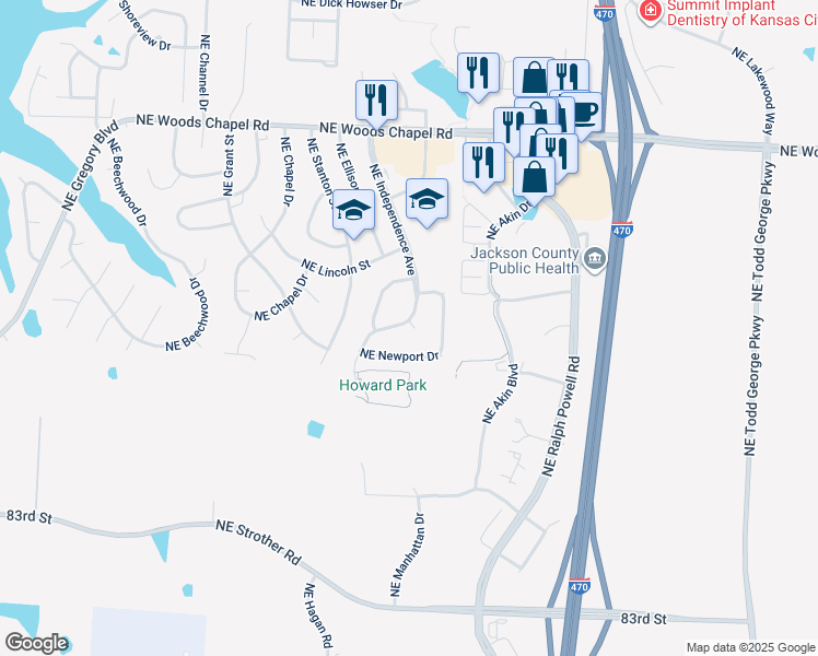 map of restaurants, bars, coffee shops, grocery stores, and more near 524 Northeast Newport Drive in Lee's Summit