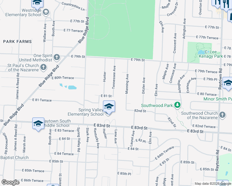 map of restaurants, bars, coffee shops, grocery stores, and more near 8933 East 81 Street in Raytown