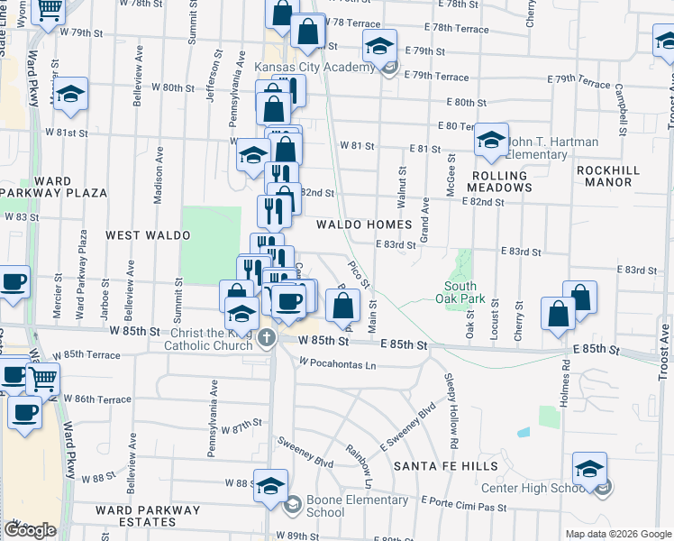map of restaurants, bars, coffee shops, grocery stores, and more near 8407 Boone Boulevard in Kansas City
