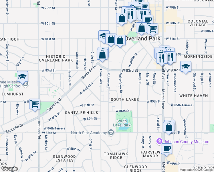 map of restaurants, bars, coffee shops, grocery stores, and more near 7721 West 84th Terrace in Overland Park
