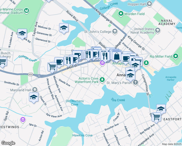 map of restaurants, bars, coffee shops, grocery stores, and more near 29 Dean Street in Annapolis