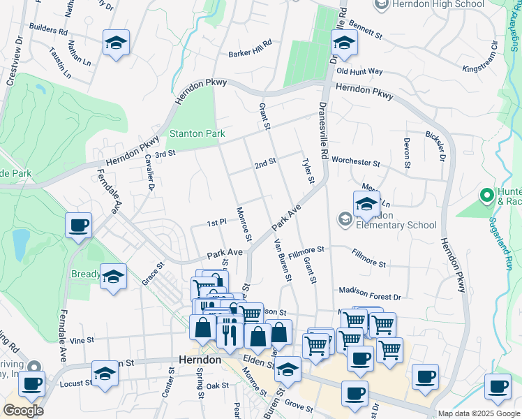 map of restaurants, bars, coffee shops, grocery stores, and more near 909 Van Buren Street in Herndon