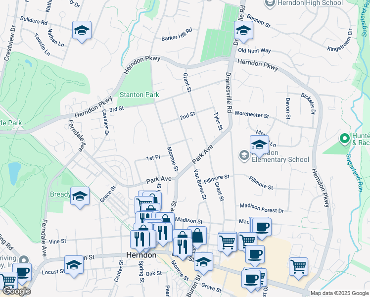 map of restaurants, bars, coffee shops, grocery stores, and more near 909 Van Buren Street in Herndon