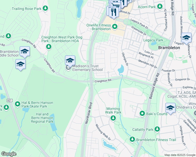 map of restaurants, bars, coffee shops, grocery stores, and more near 23060 Brooksbank Square in Brambleton