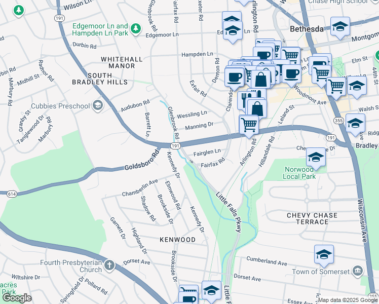 map of restaurants, bars, coffee shops, grocery stores, and more near 5133 Fairglen Lane in Chevy Chase