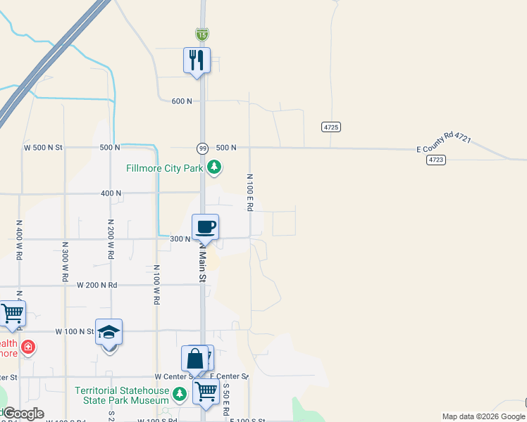 map of restaurants, bars, coffee shops, grocery stores, and more near 125 East 300 N Fillmore in Fillmore