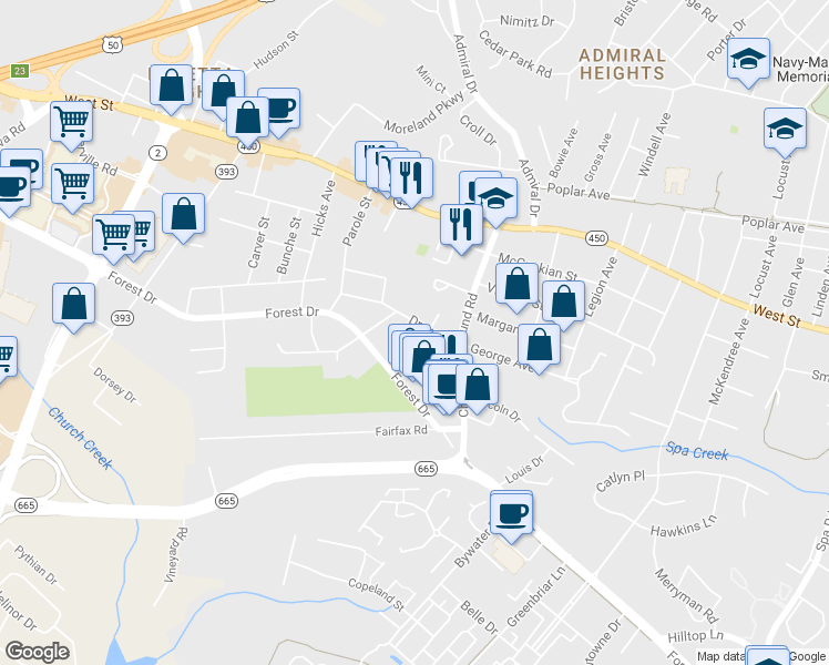 map of restaurants, bars, coffee shops, grocery stores, and more near 1831 Drew Street in Annapolis