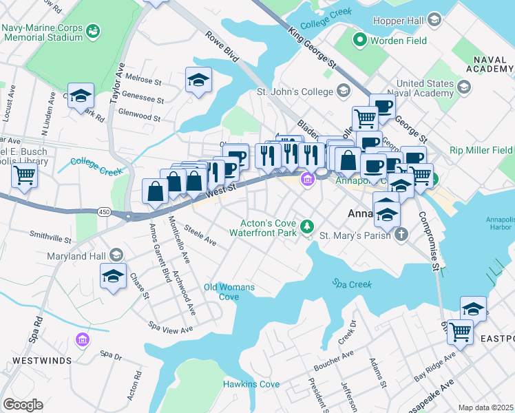 map of restaurants, bars, coffee shops, grocery stores, and more near 43 Water Street in Annapolis