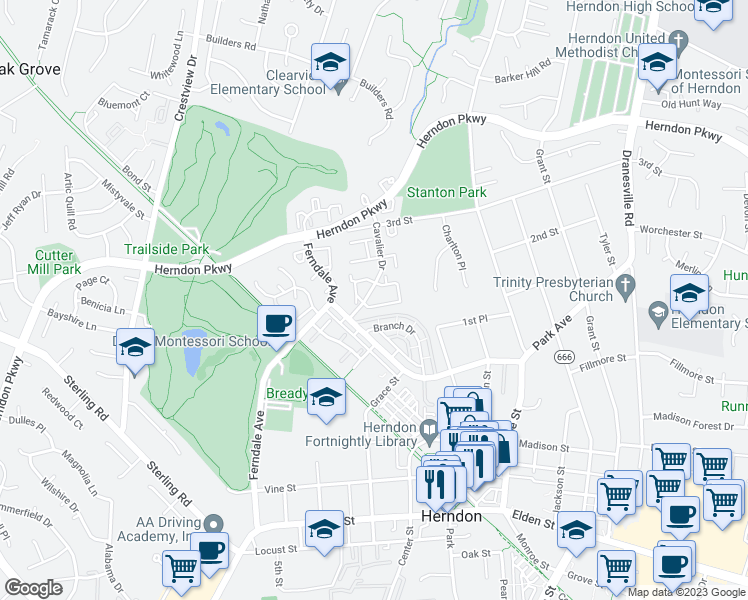 map of restaurants, bars, coffee shops, grocery stores, and more near 1017 Knight Lane in Herndon