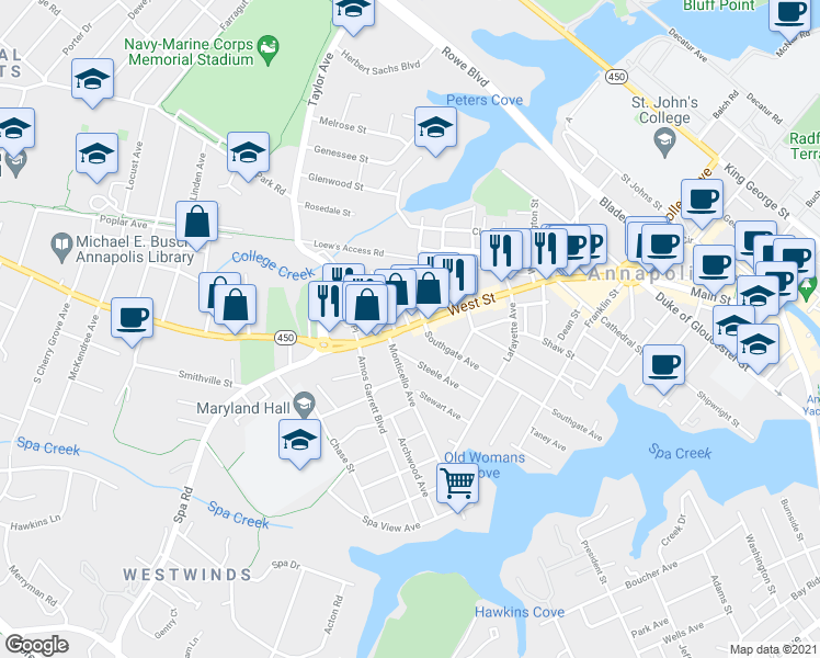 map of restaurants, bars, coffee shops, grocery stores, and more near 227 West Street in Annapolis